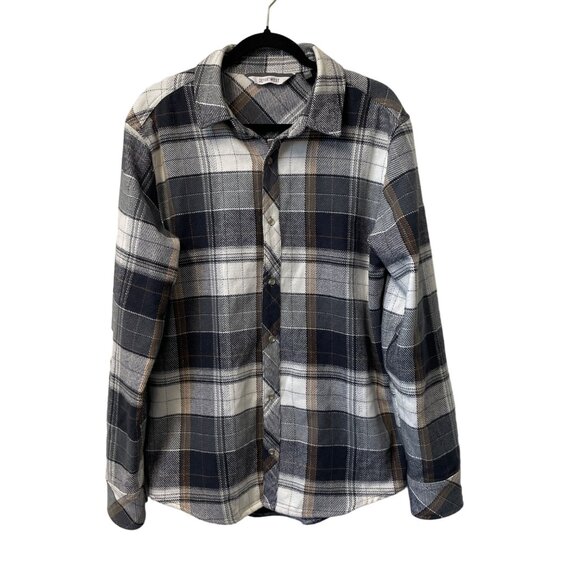 DEPARTWEST FLANNEL SHIRT BUCKLE BKE MENS L BUTTON UP PLAID CHARCOAL GOLD DW135CA - Picture 1 of 13